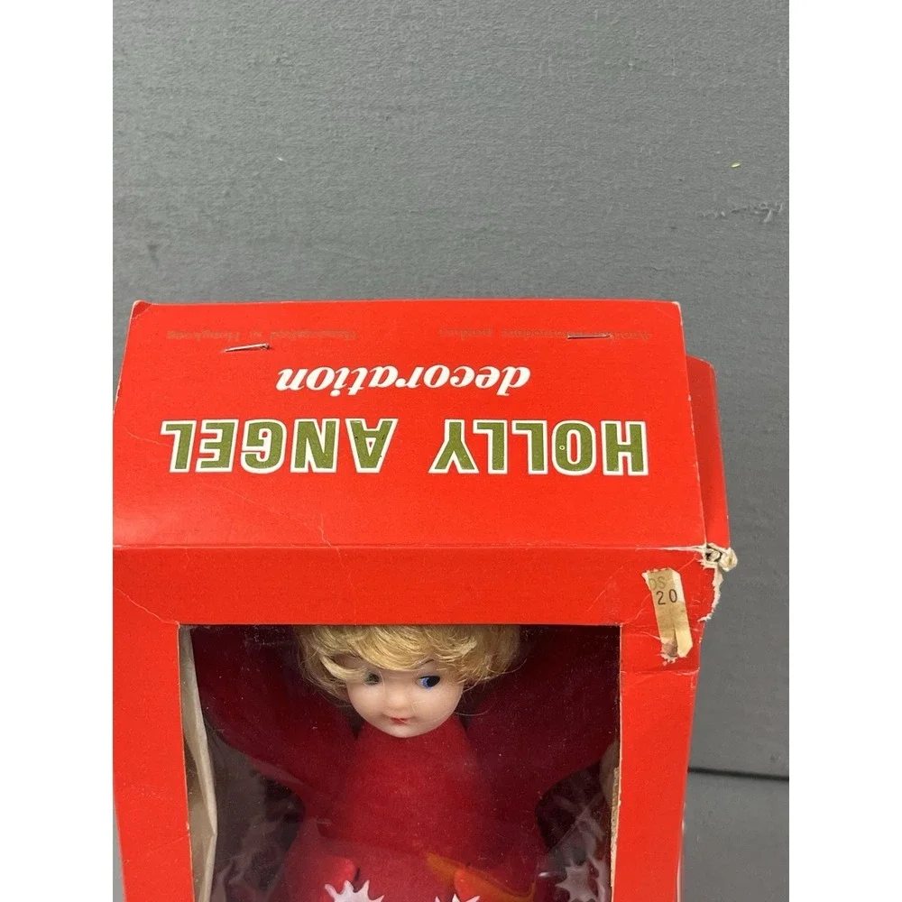 Vintage Commodore Christmas Angel Flocked‎ Red Decoration Holly Side Eye In Box